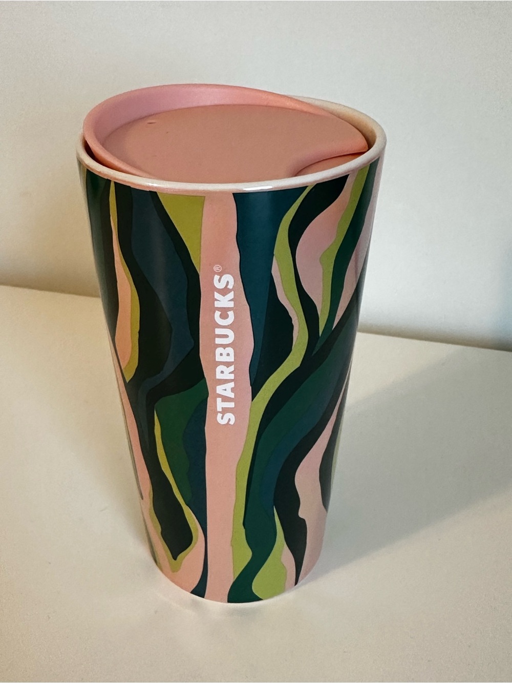 Starbucks 12 oz Pink and Green Patterned Reusable Ceramic Travel Tumbler